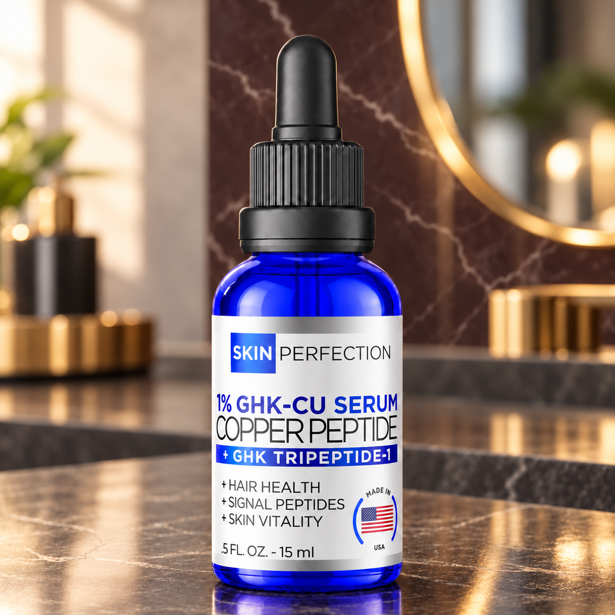 Skin Perfection GHK-CU serum bottle on a polished stone hair salon vanity