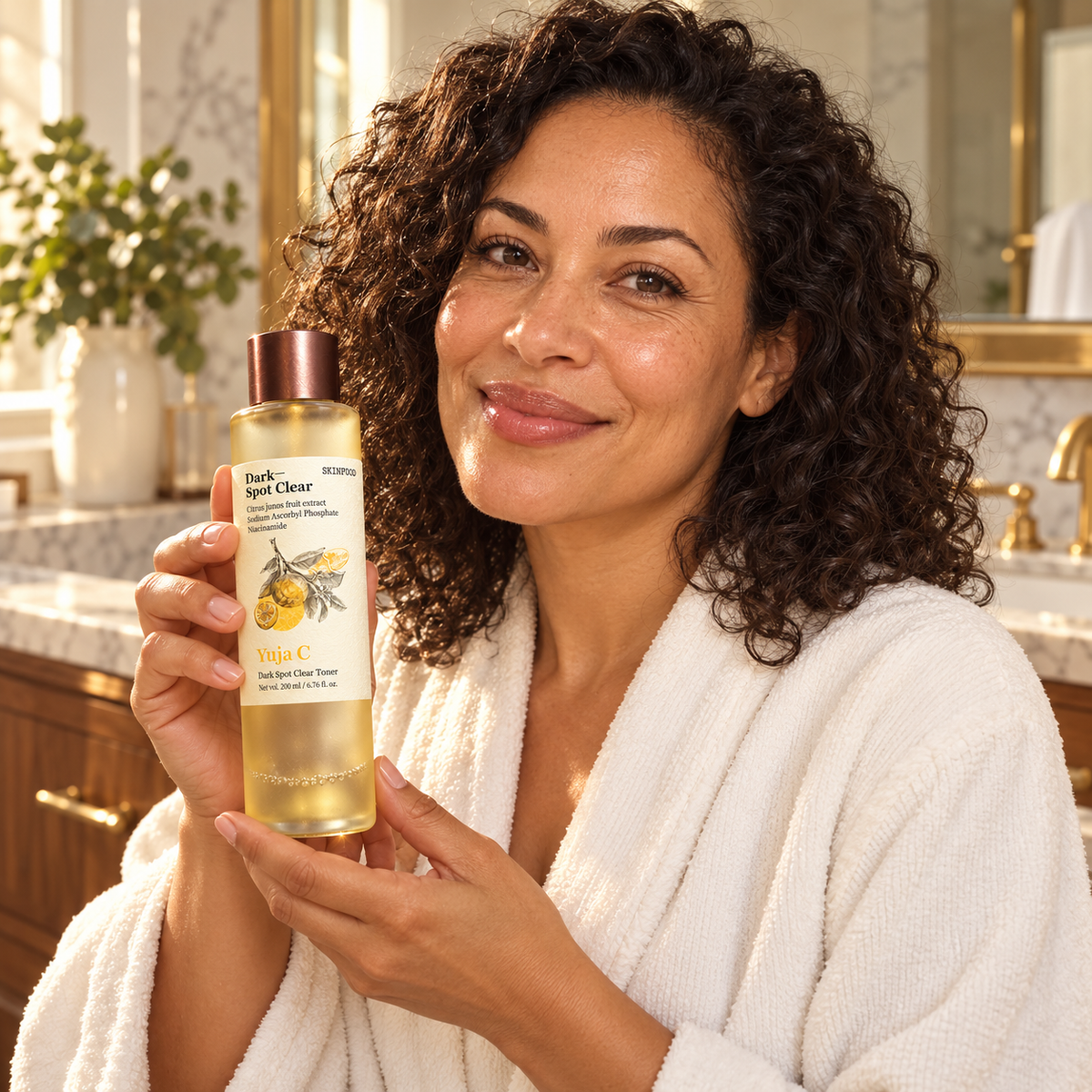 Woman holding SKINFOOD Yuja C toner in a home bathroom