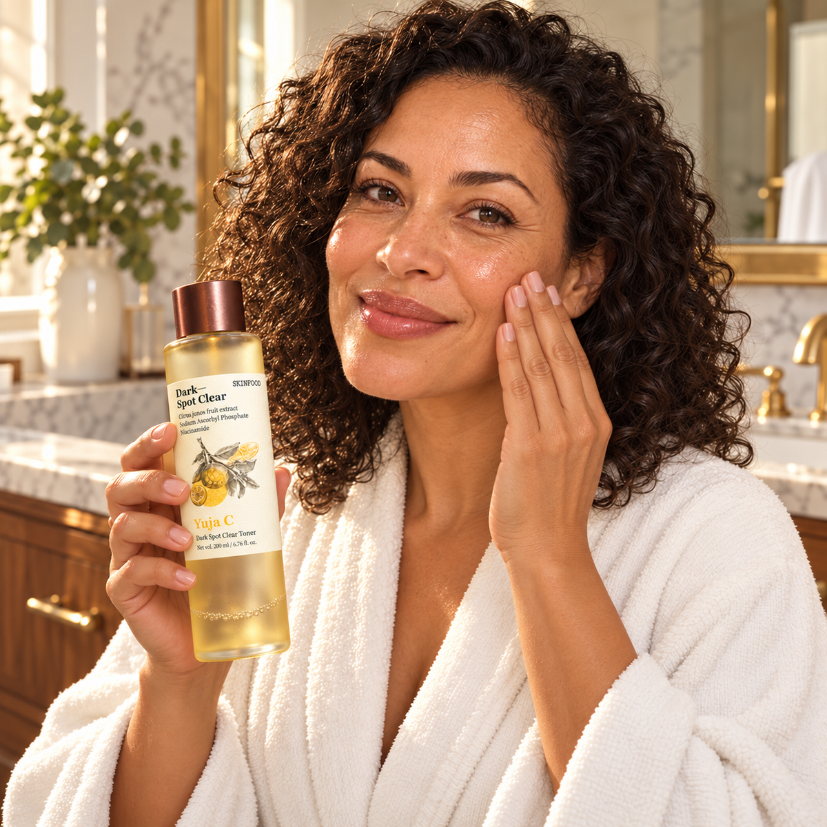 Woman gently patting toner onto her cheek with SKINFOOD Yuja C bottle