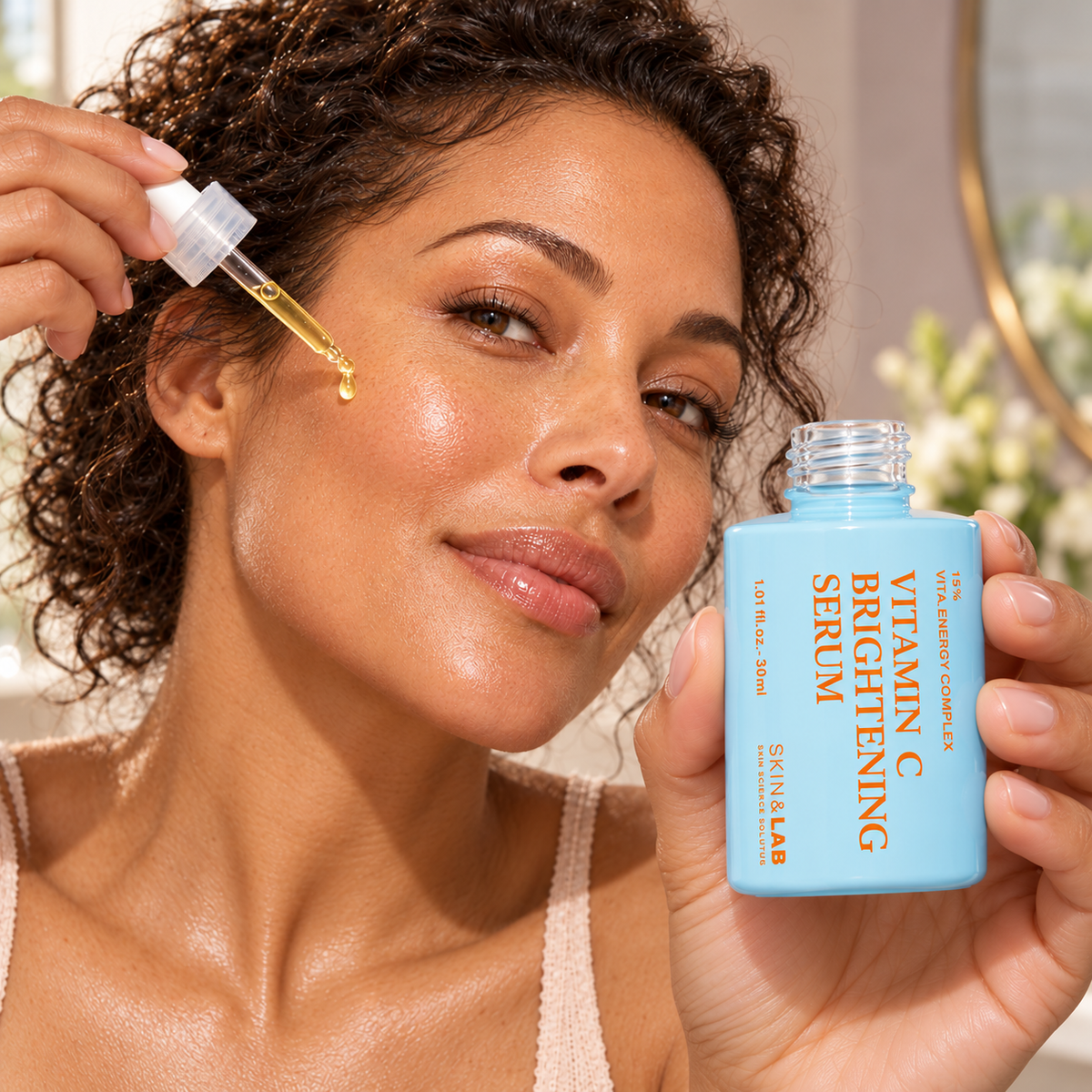 Model applying SKIN&LAB Vitamin C Brightening Serum 30 ml with a dropper