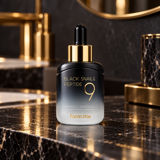 Farmstay Black Snail and Peptide9 Perfect Ampoule 35 ml on a luxury home vanity