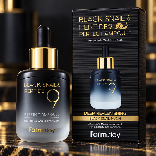 Farmstay Black Snail & Peptide9 Perfect Ampoule 35ml black and gold dropper bottle with matching box