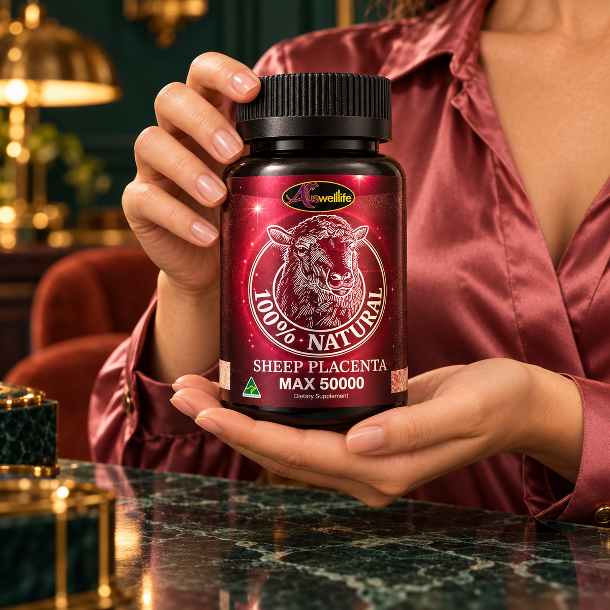 Close view of the same model's hands presenting the capped Auswelllife Sheep Placenta Max 50000 bottle.