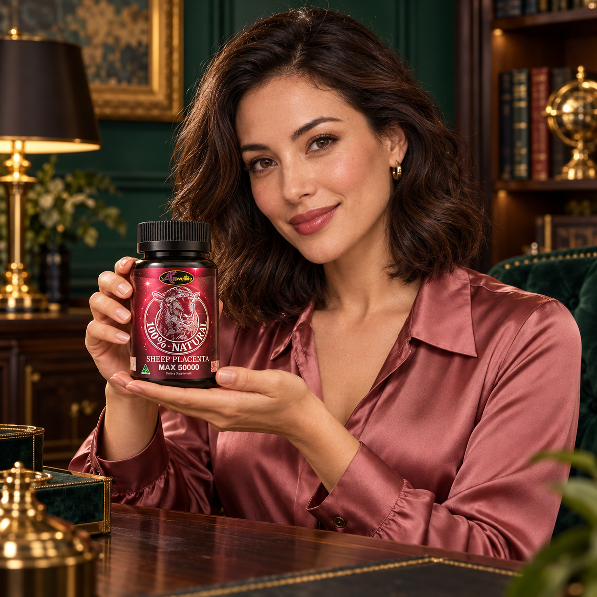 AI-styled adult woman holding the capped Auswelllife Sheep Placenta Max 50000 bottle with its front label visible.