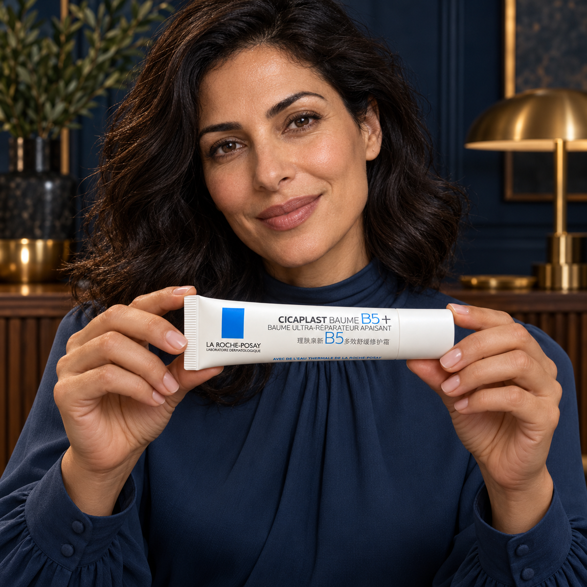 La Roche-Posay Cicaplast Baume B5+ — illustrative adult model presenting the closed container