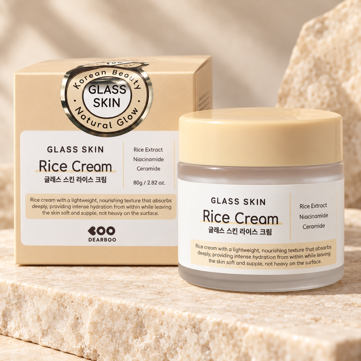 DEARBOO Glass Skin Rice Cream 80g closed jar and matching box