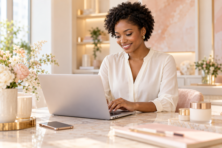 A woman answering a customer email at her laptop in a bright beauty workspace