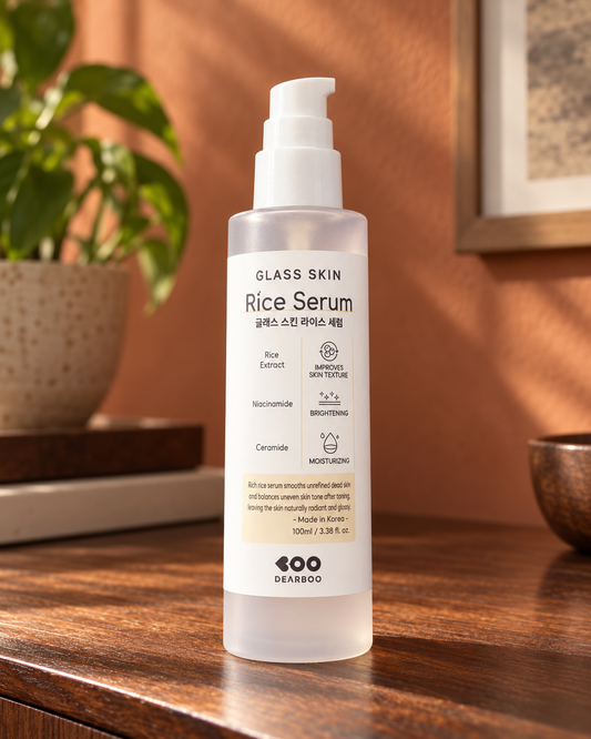DEARBOO Glass Skin Rice Serum 100 ml frosted pump bottle on a walnut sideboard