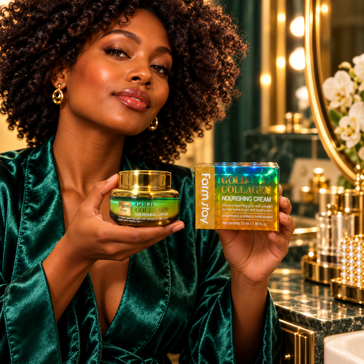 Farmstay Gold Collagen Nourishing Cream 55 ml presented by the same woman at a luxury home vanity