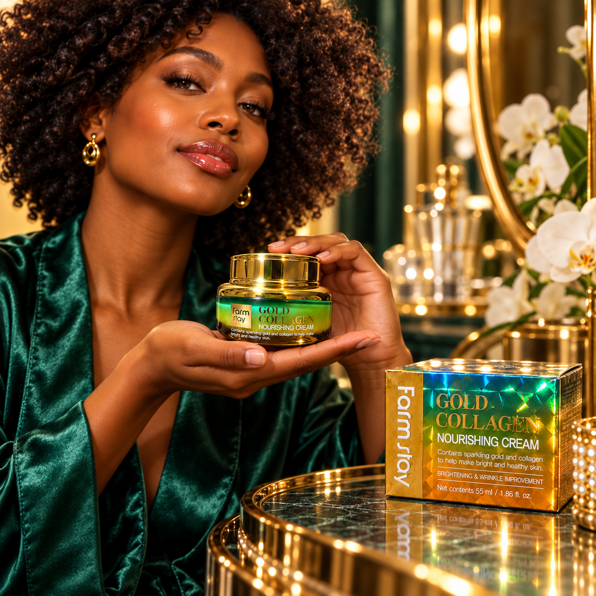 Farmstay Gold Collagen Nourishing Cream 55 ml presented by the same woman at a luxury home vanity