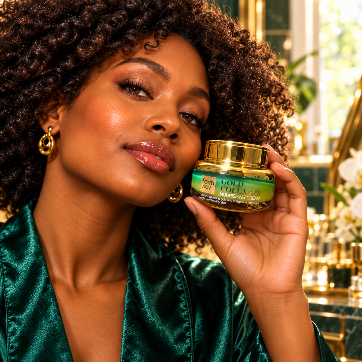 Farmstay Gold Collagen Nourishing Cream 55 ml presented by the same woman at a luxury home vanity