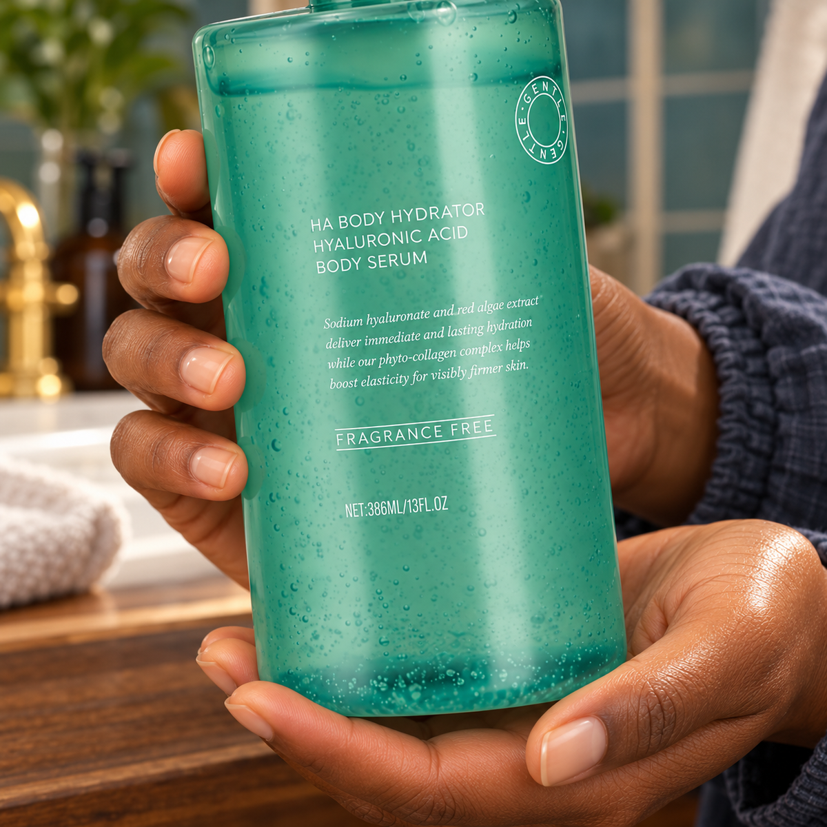 HA Body Hydrator 386 mL front label shown close in the same woman's hands