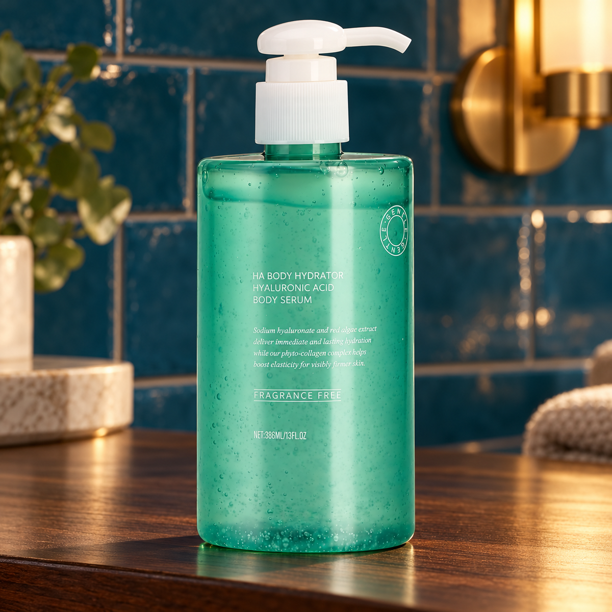 HA Body Hydrator 386 mL bottle on a walnut vanity in a petrol-blue tiled bathroom