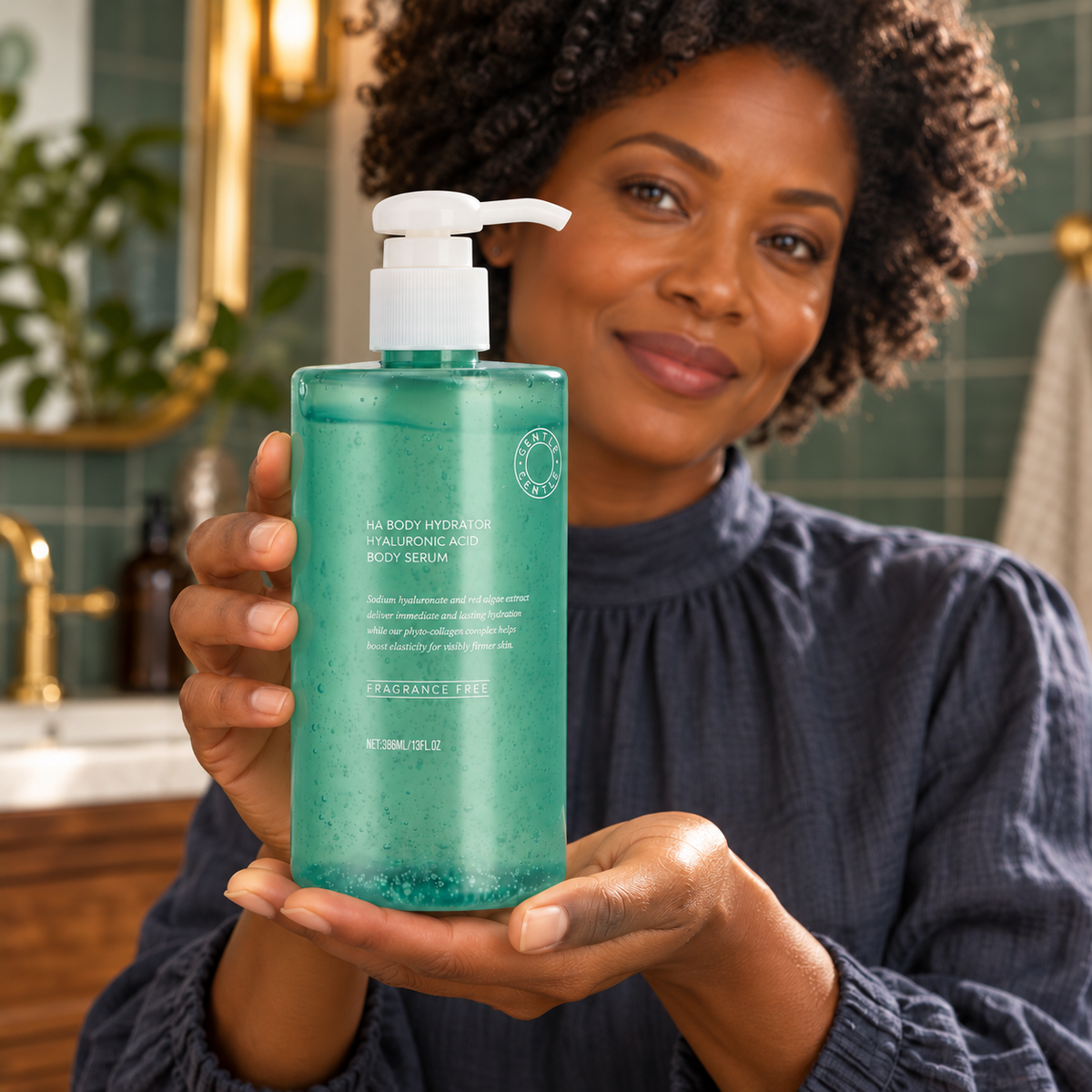 HA Body Hydrator 386 mL bottle presented to the viewer by a woman in a home bathroom