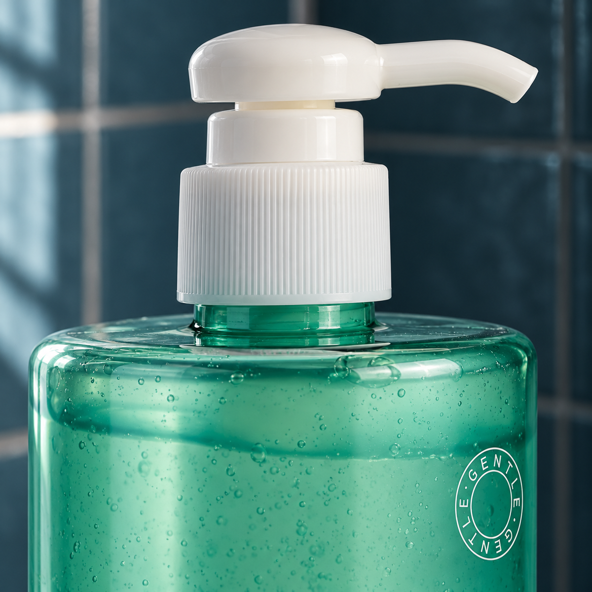 HA Body Hydrator original white pump, ribbed collar and sea-green bottle shoulder detail