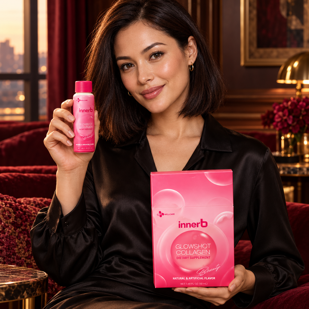 AI-styled adult woman presenting the closed innerb Glowshot Collagen bottle and matching carton.