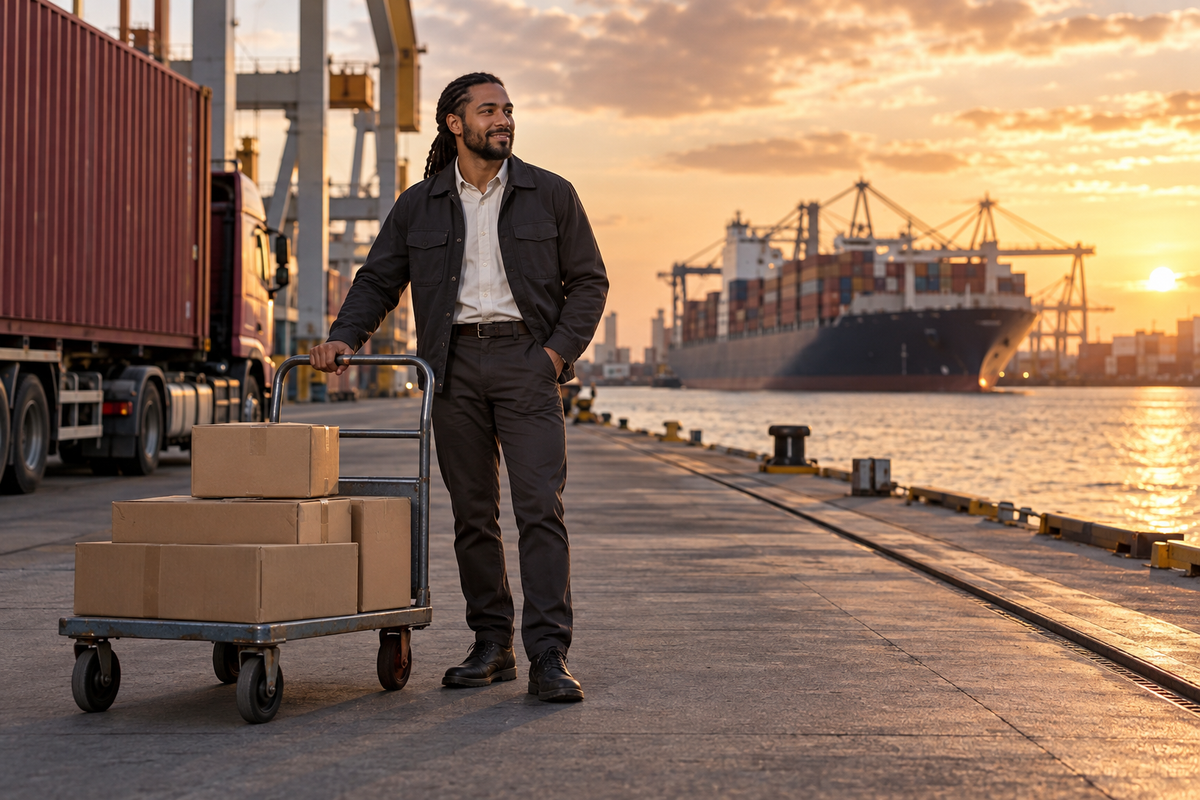 An illustrative shipping editorial showing a parcel trolley beside a sunset seaport.