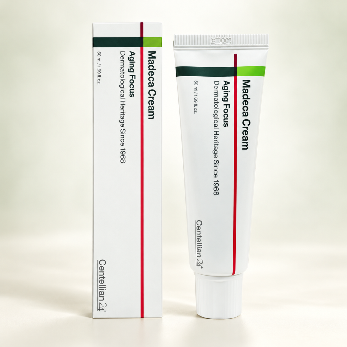 Centellian24 Madeca Cream Aging Focus 50 ml with carton on a soft ivory studio background