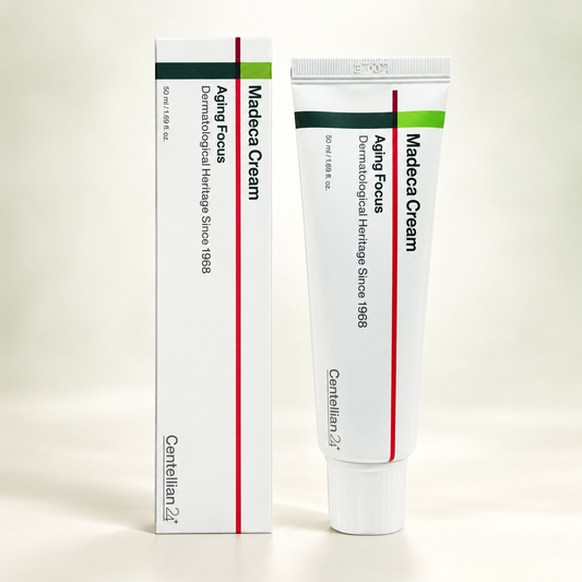 Centellian24 Madeca Cream Aging Focus 50 ml with carton on a soft ivory studio background