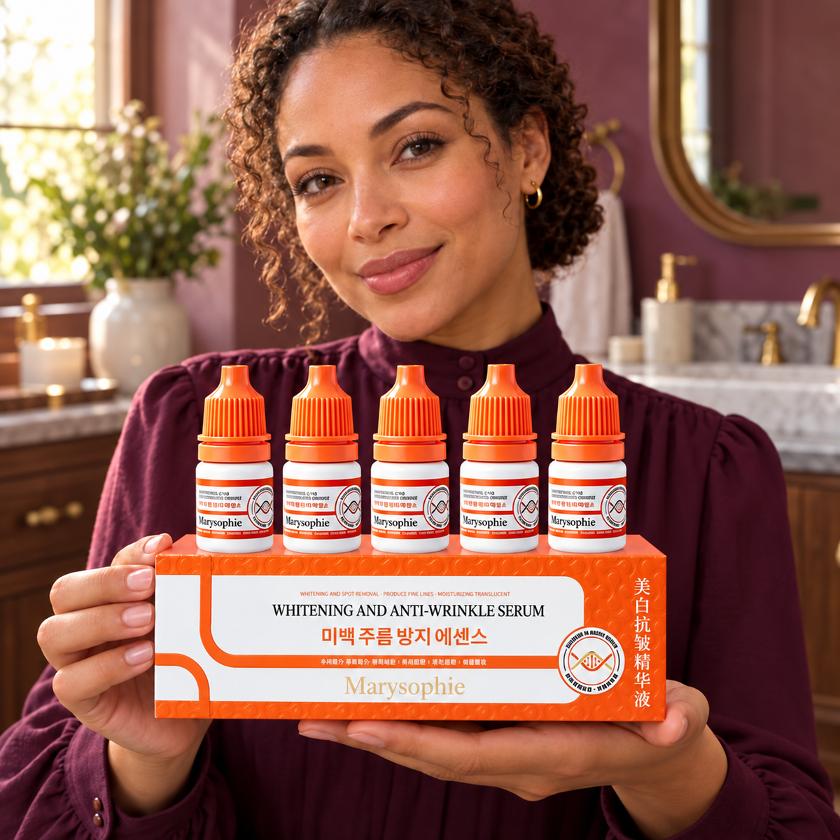 Marysophie five-vial serum pack presented by a woman in a mauve home bathroom
