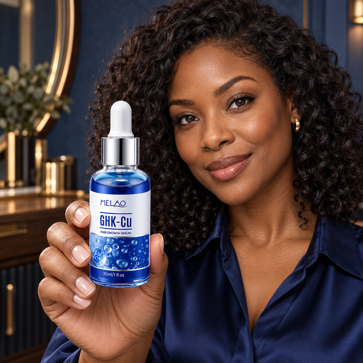 MELAO GHK-Cu Hair Growth Serum – 30 ml; adult woman presenting the closed bottle