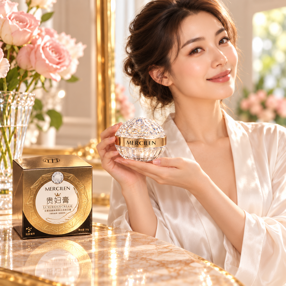 MERCILEN Cordyceps and Niacinamide Luxurious Cream 50 g presented by the same woman at a luxury home vanity