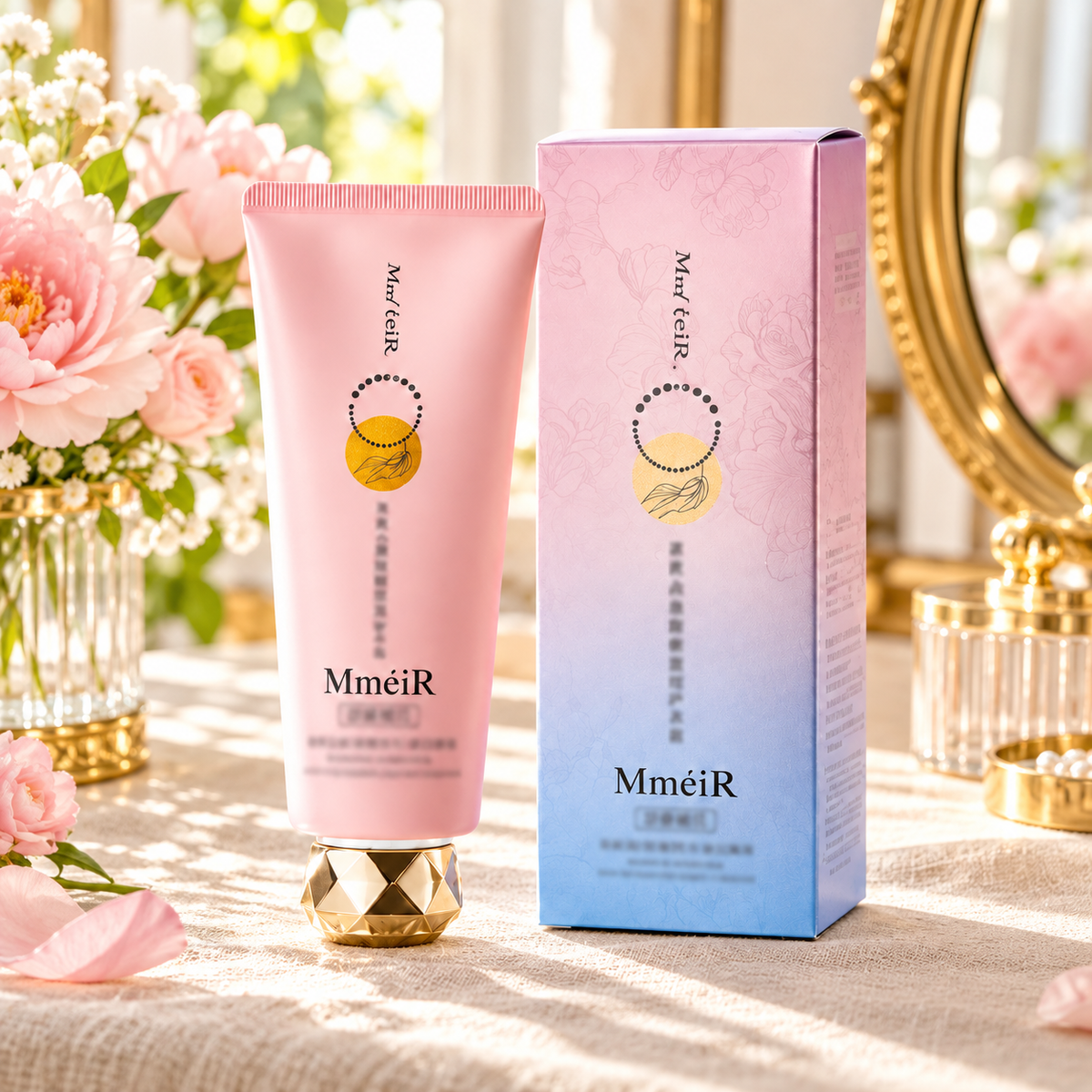 MmeiR tube and matching carton on a floral dressing table