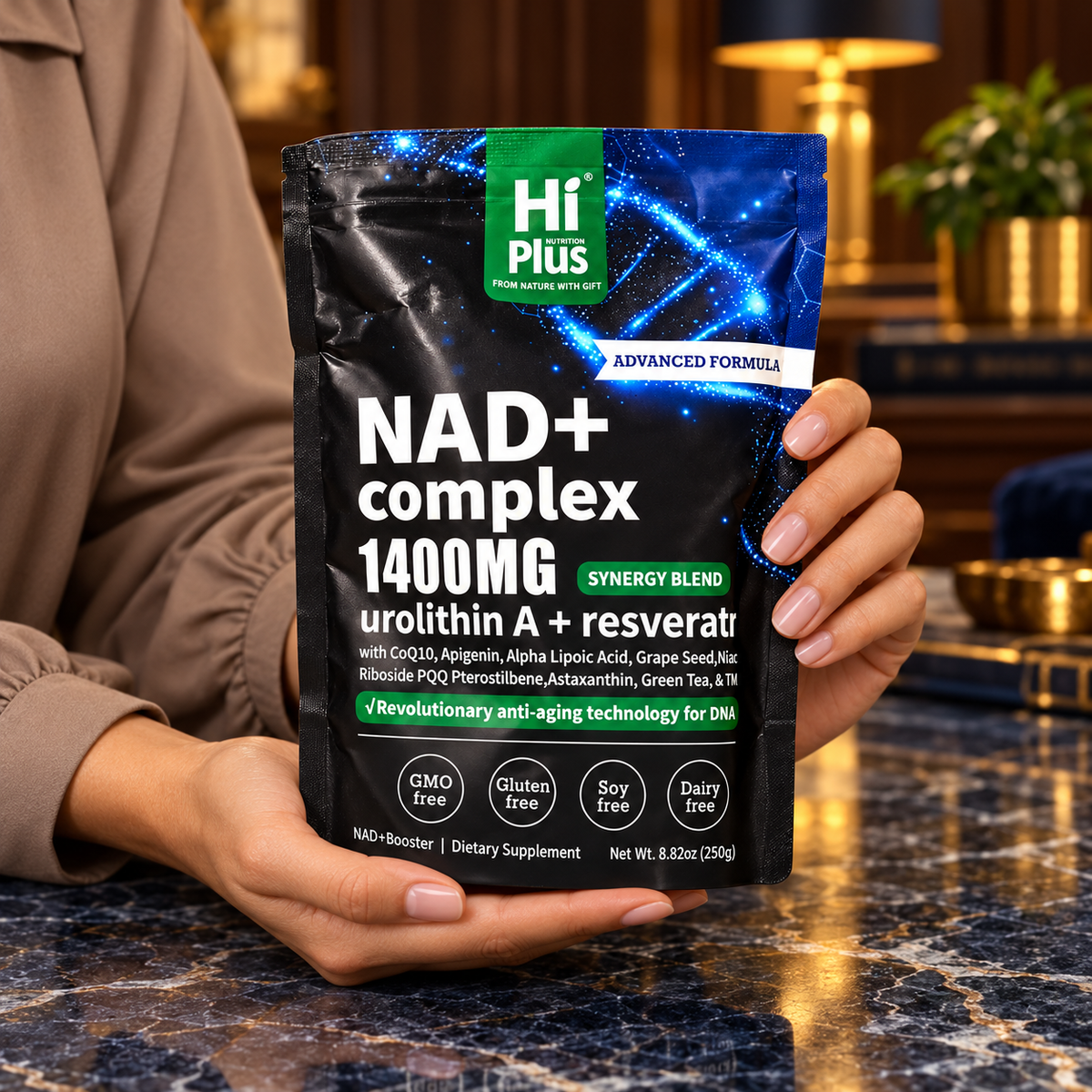 Close view of the same model's hands presenting the closed Hi Plus NAD+ Complex 1400MG pouch.