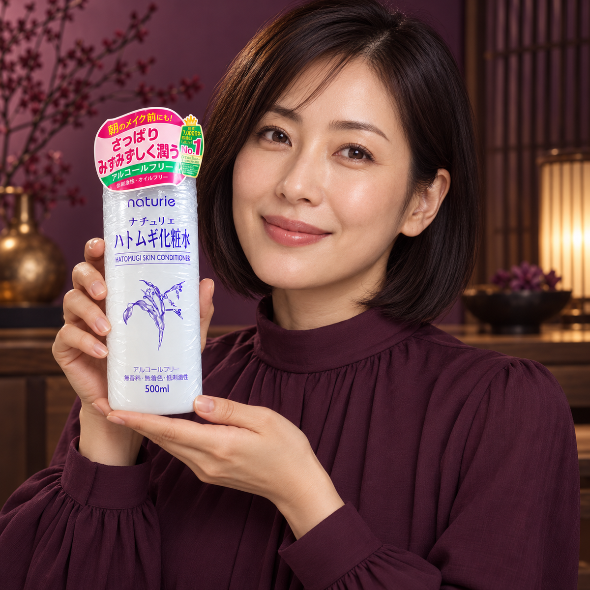 Naturie Hatomugi Skin Conditioner 500 ml — illustrative adult model presenting the closed container