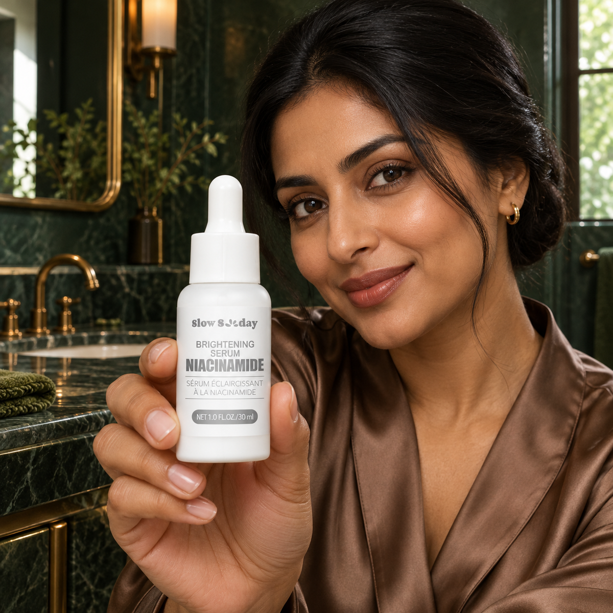 Slow Sunday Brightening Niacinamide Serum – 30 ml; adult woman presenting the closed bottle