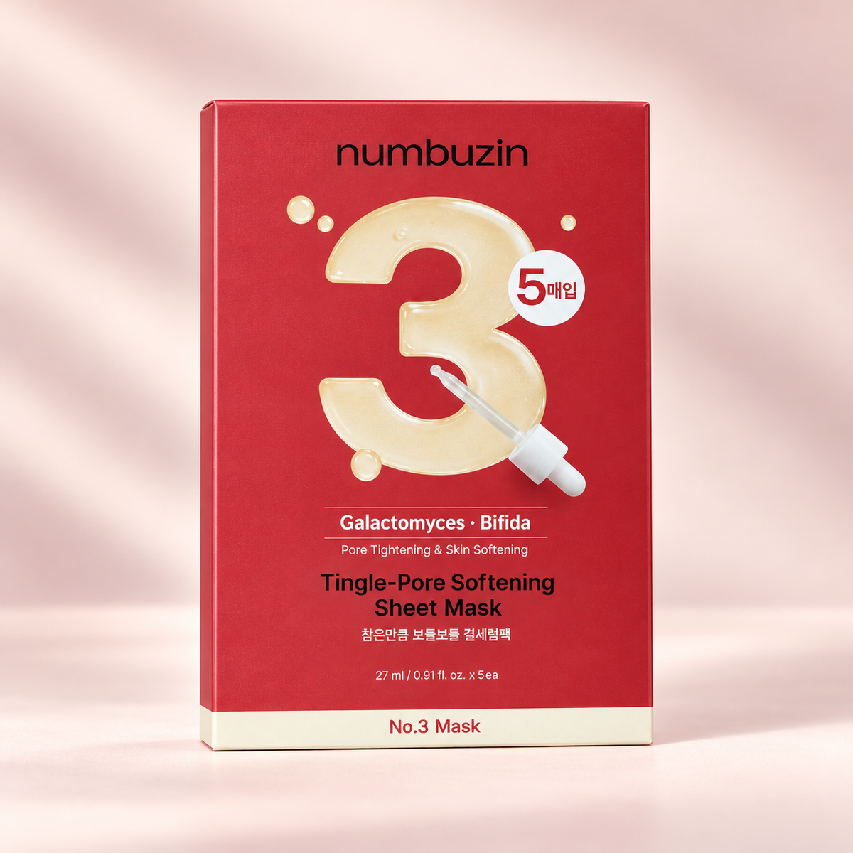 Numbuzin No.3 Tingle-Pore Softening Sheet Mask carton on a soft blush studio background