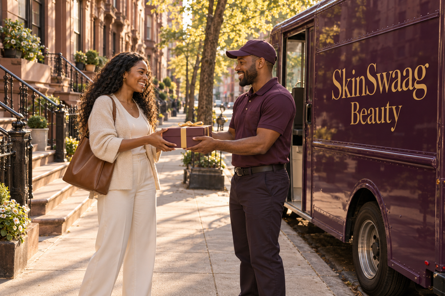 A SkinSwaag Beauty brand illustration of a smiling driver and customer exchanging a parcel beside a parked delivery truck on a New York sidewalk