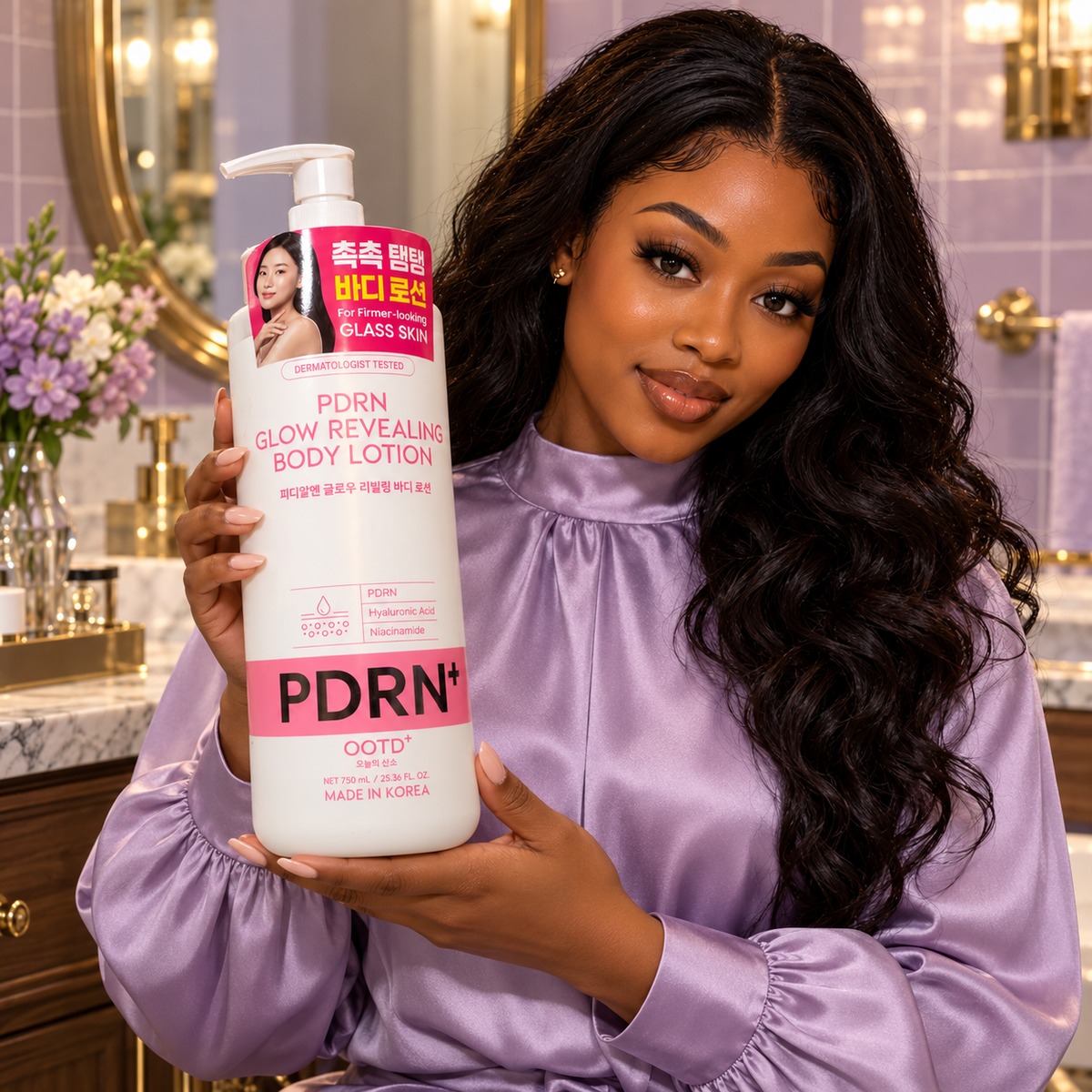 OOTD+ PDRN Glow Revealing Body Lotion 750 ml held by an illustrative adult model