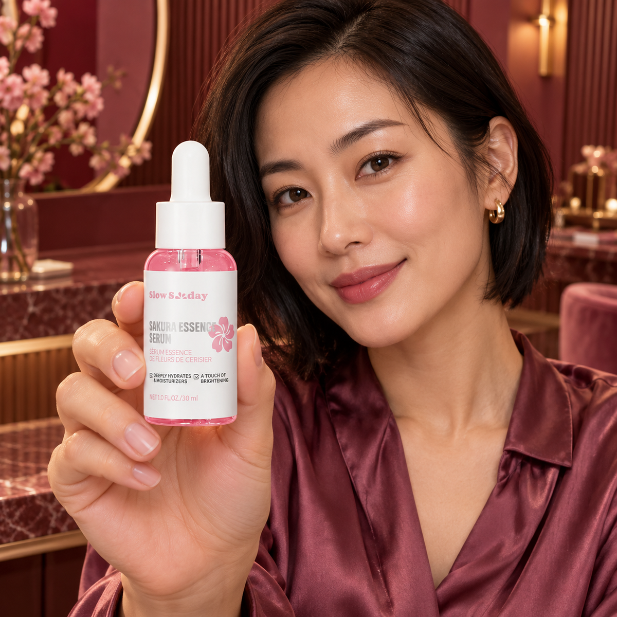 Slow Sunday Sakura Essence Serum, 30 ml; adult woman presenting the closed bottle