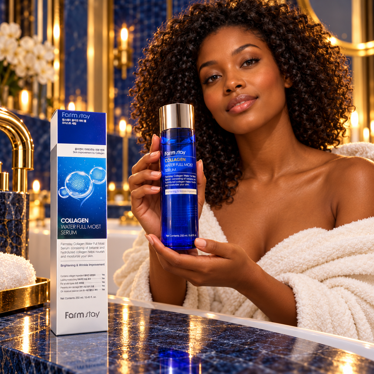Farmstay Collagen Water Full Moist Serum 250 ml presented by the same woman at a luxury home vanity