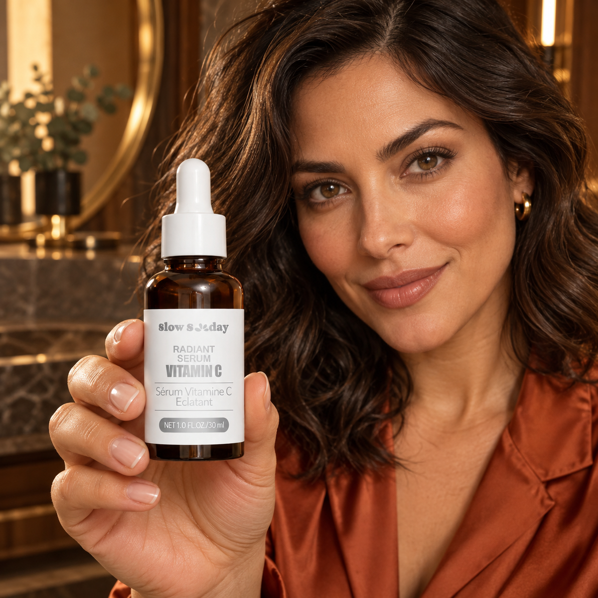 Slow Sunday Radiant Vitamin C Serum — 30 ml; adult woman presenting the closed bottle