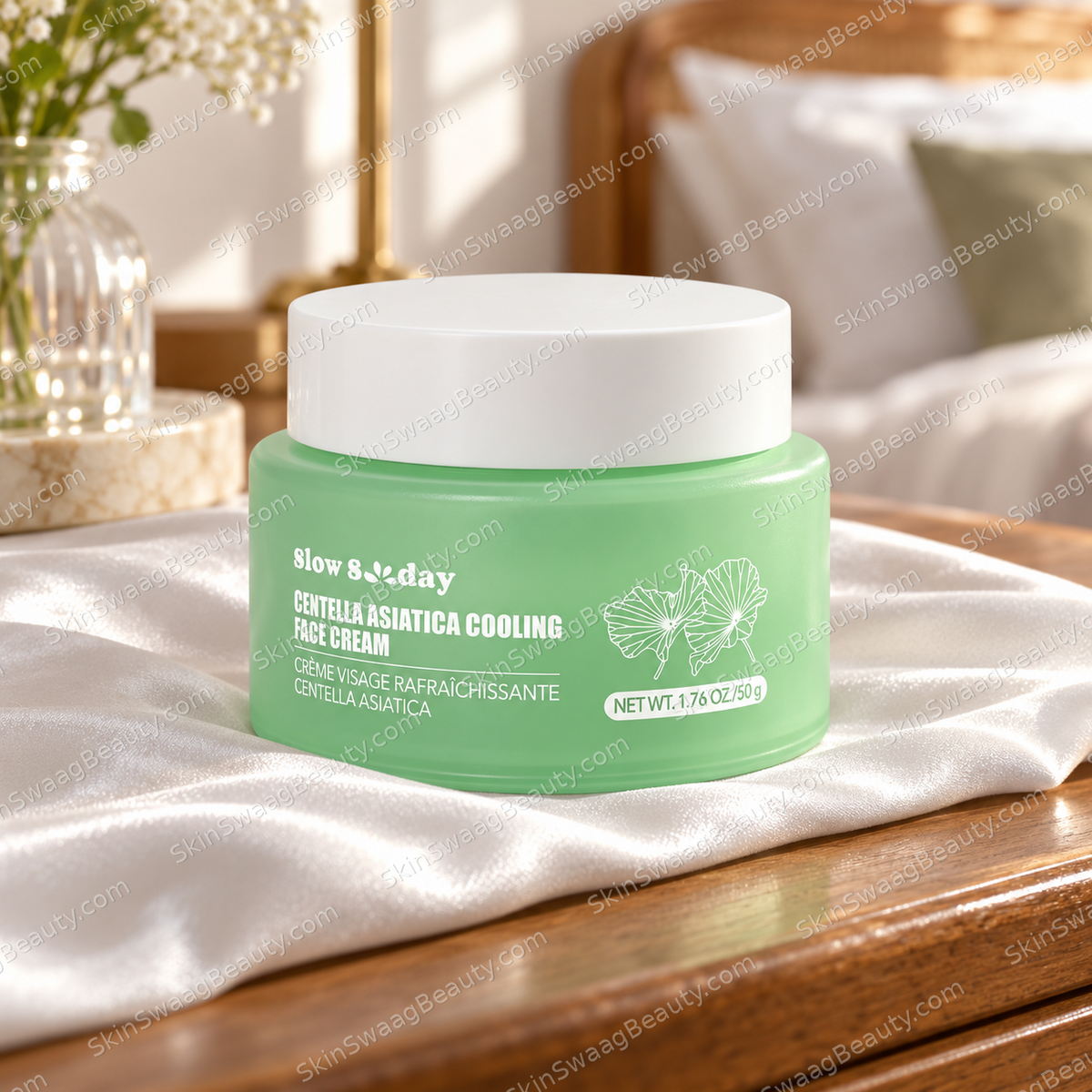 Slow Sunday centella cream 50 g — detail; SkinSwaagBeauty.com watermark.