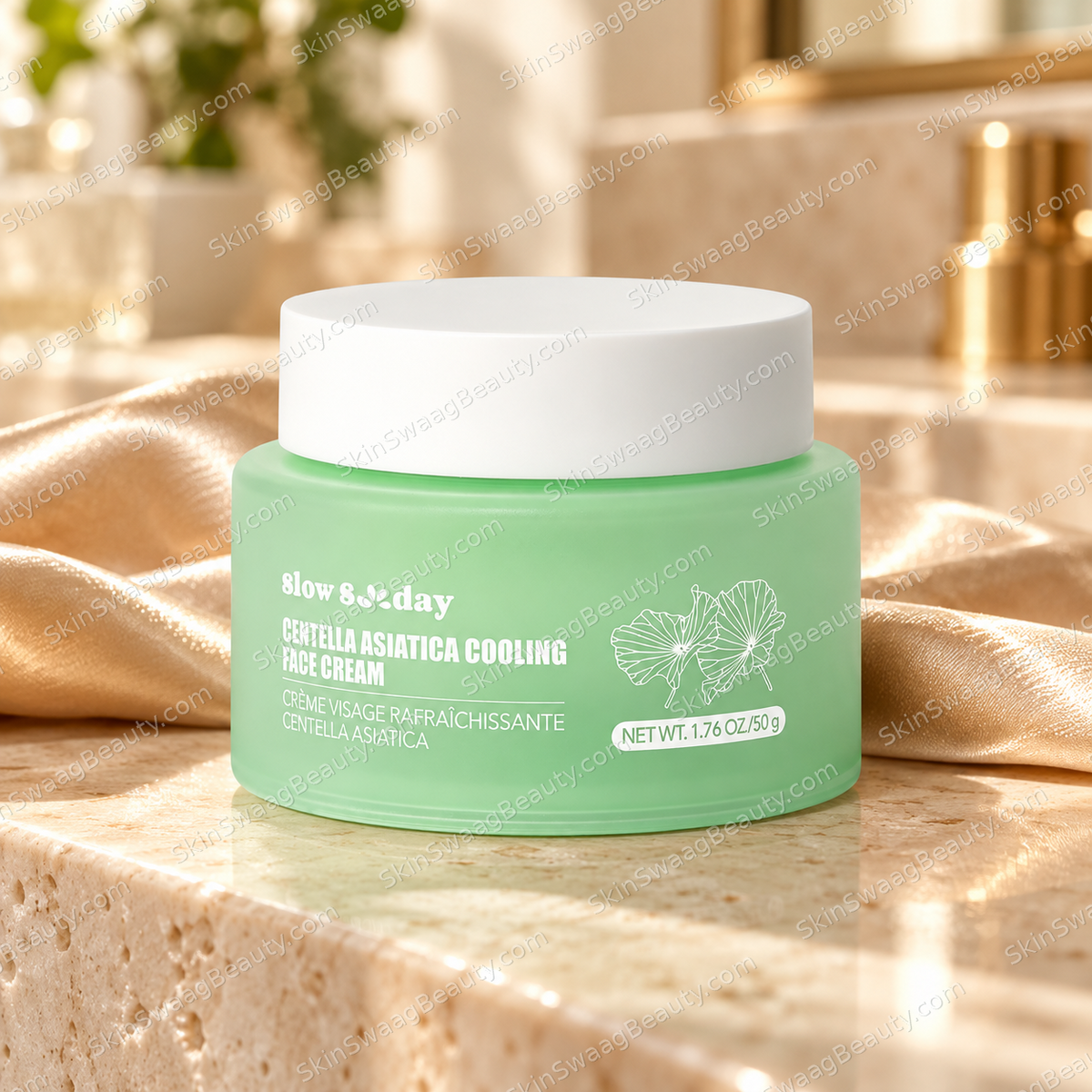 Slow Sunday centella cream 50 g — hero; SkinSwaagBeauty.com watermark.