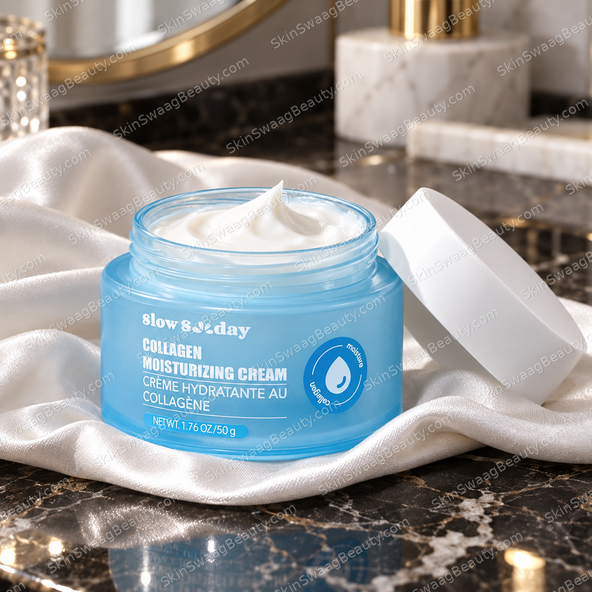 Slow Sunday collagen cream 50 g — detail; SkinSwaagBeauty.com watermark.