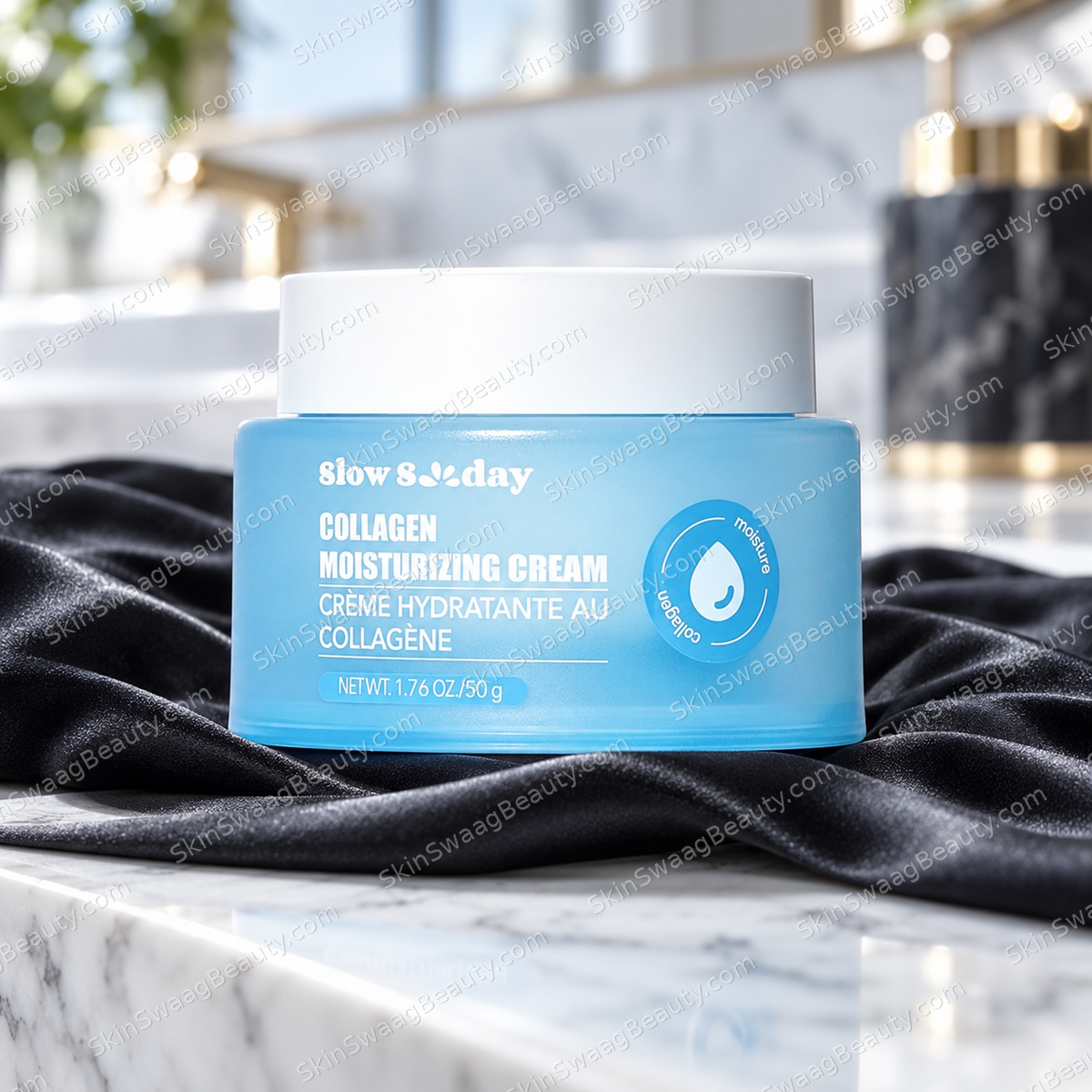 Slow Sunday collagen cream 50 g — hero; SkinSwaagBeauty.com watermark.