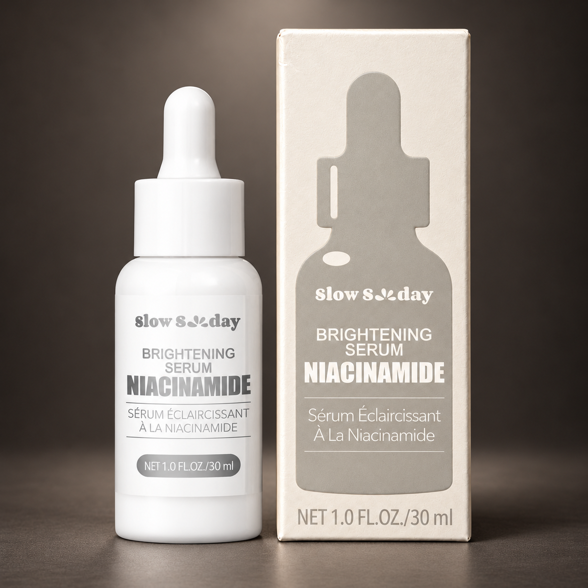 Slow Sunday Brightening Niacinamide Serum 30 ml original closed bottle beside carton