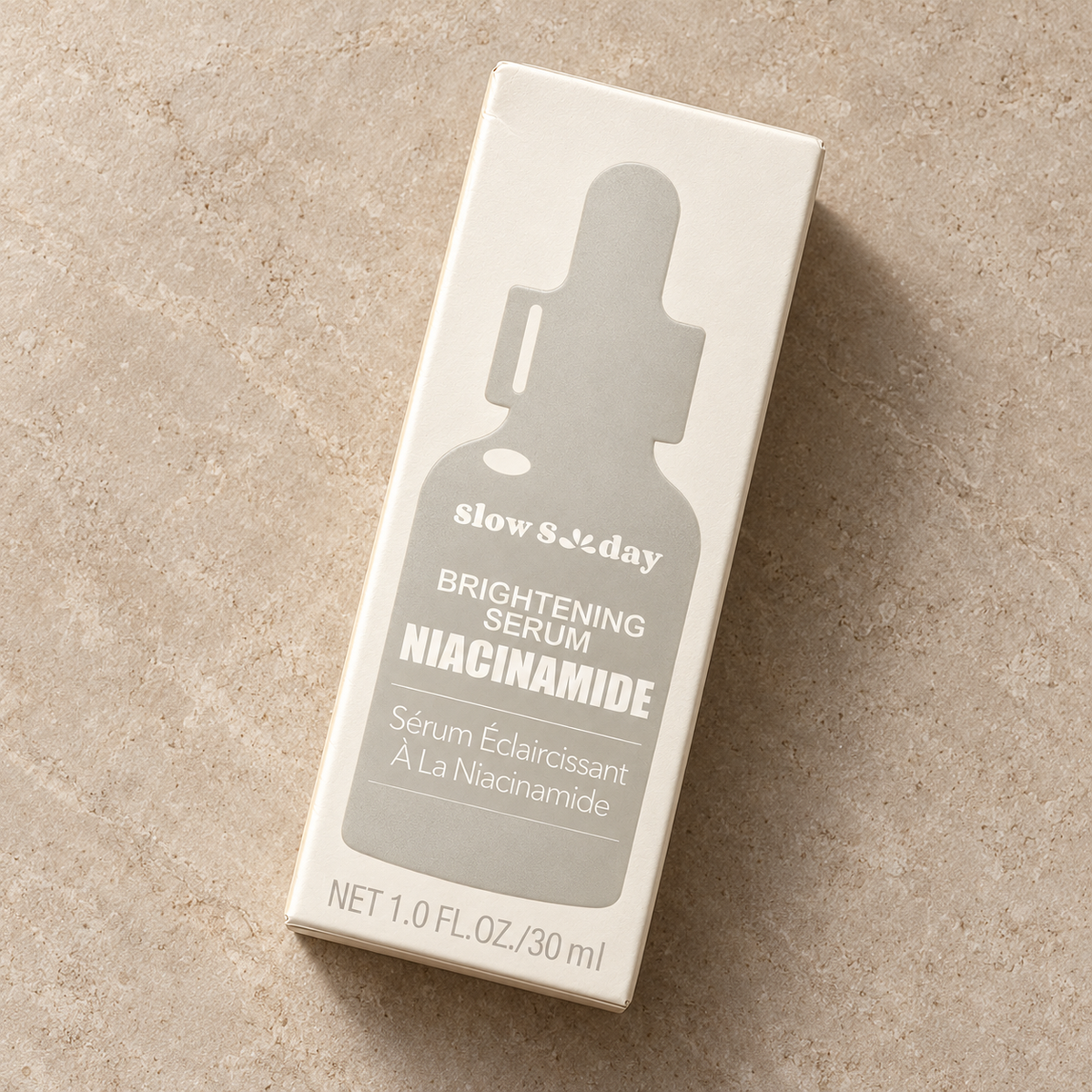Slow Sunday Niacinamide Serum retail carton, flat-lay view