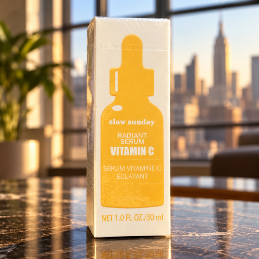 Slow Sunday Radiant Vitamin C Serum — 30 ml in a textured stone and city-loft setting