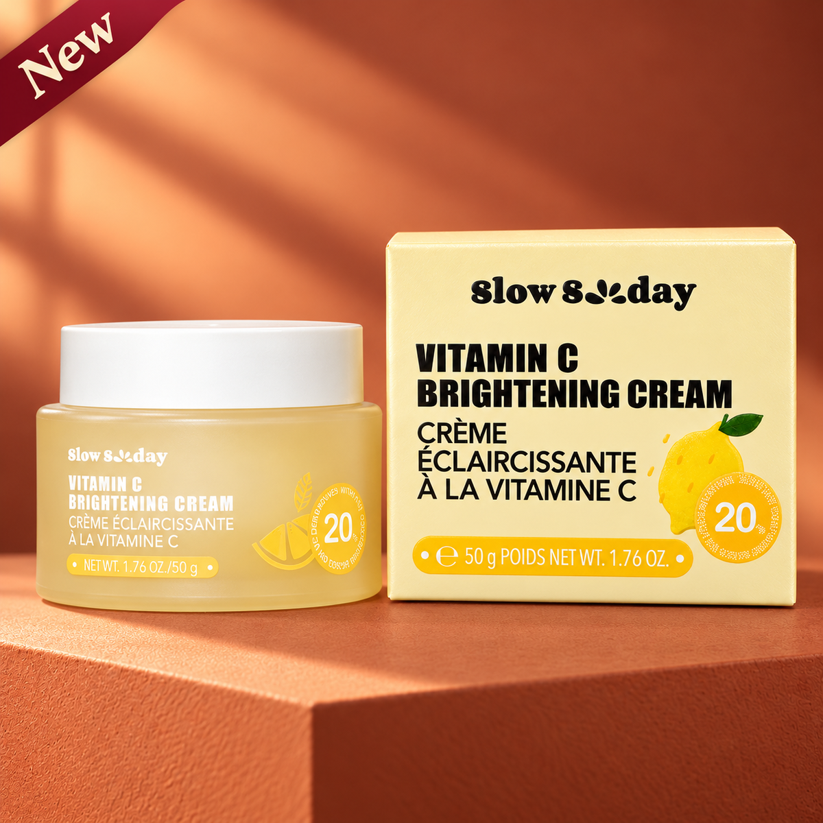 Slow Sunday Vitamin C Brightening Cream 50 g original closed yellow jar beside carton, New ribbon