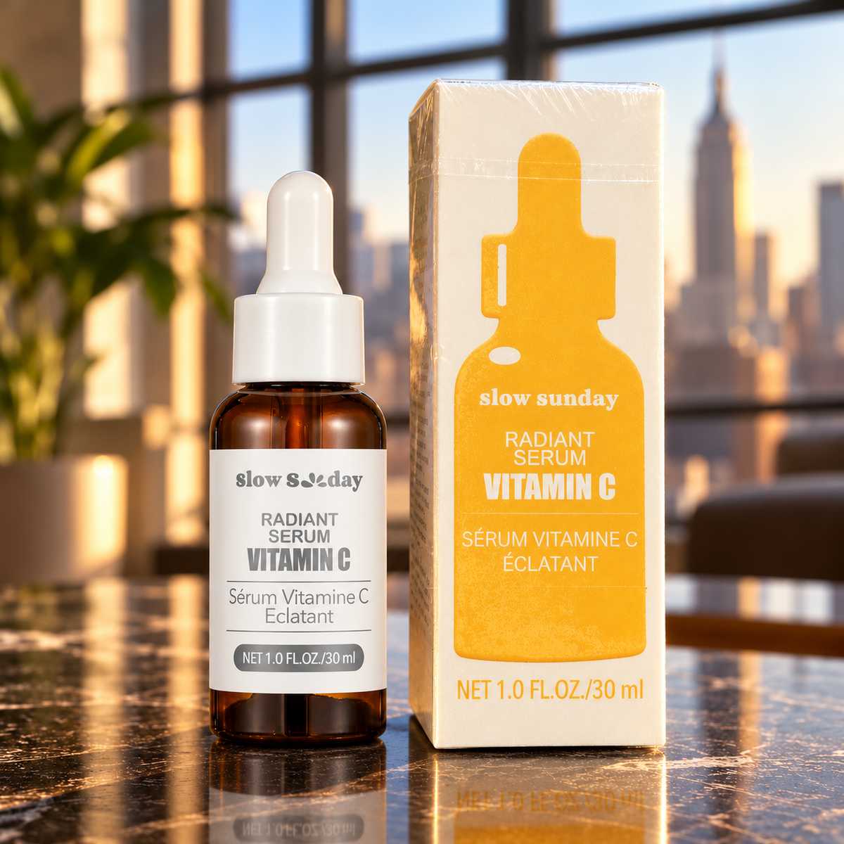 Slow Sunday Radiant Vitamin C Serum 30 ml original closed amber bottle beside carton