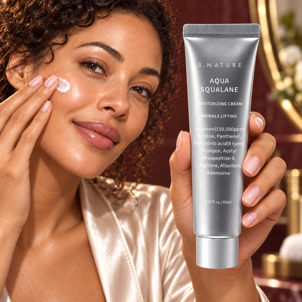 Original mid-thirties model demonstrating snature skincare with a prominent readable product label