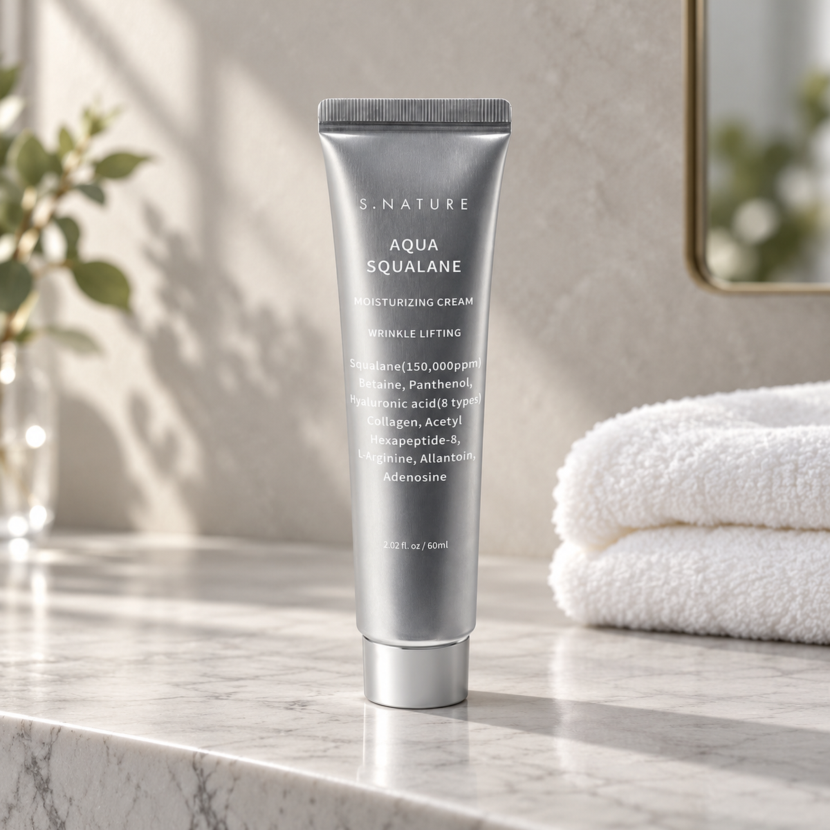 S.NATURE Aqua Squalane Moisturizing Cream 60 ml in a softly lit vanity scene