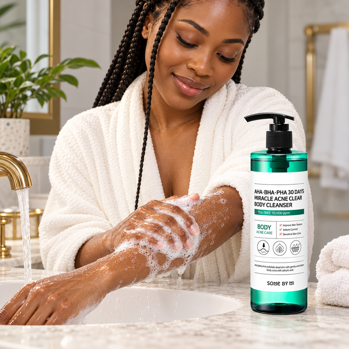 Adult model demonstrating SOME BY MI body cleanser on the forearm