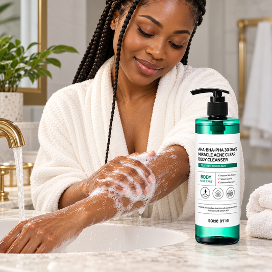 Adult model demonstrating SOME BY MI body cleanser on the forearm