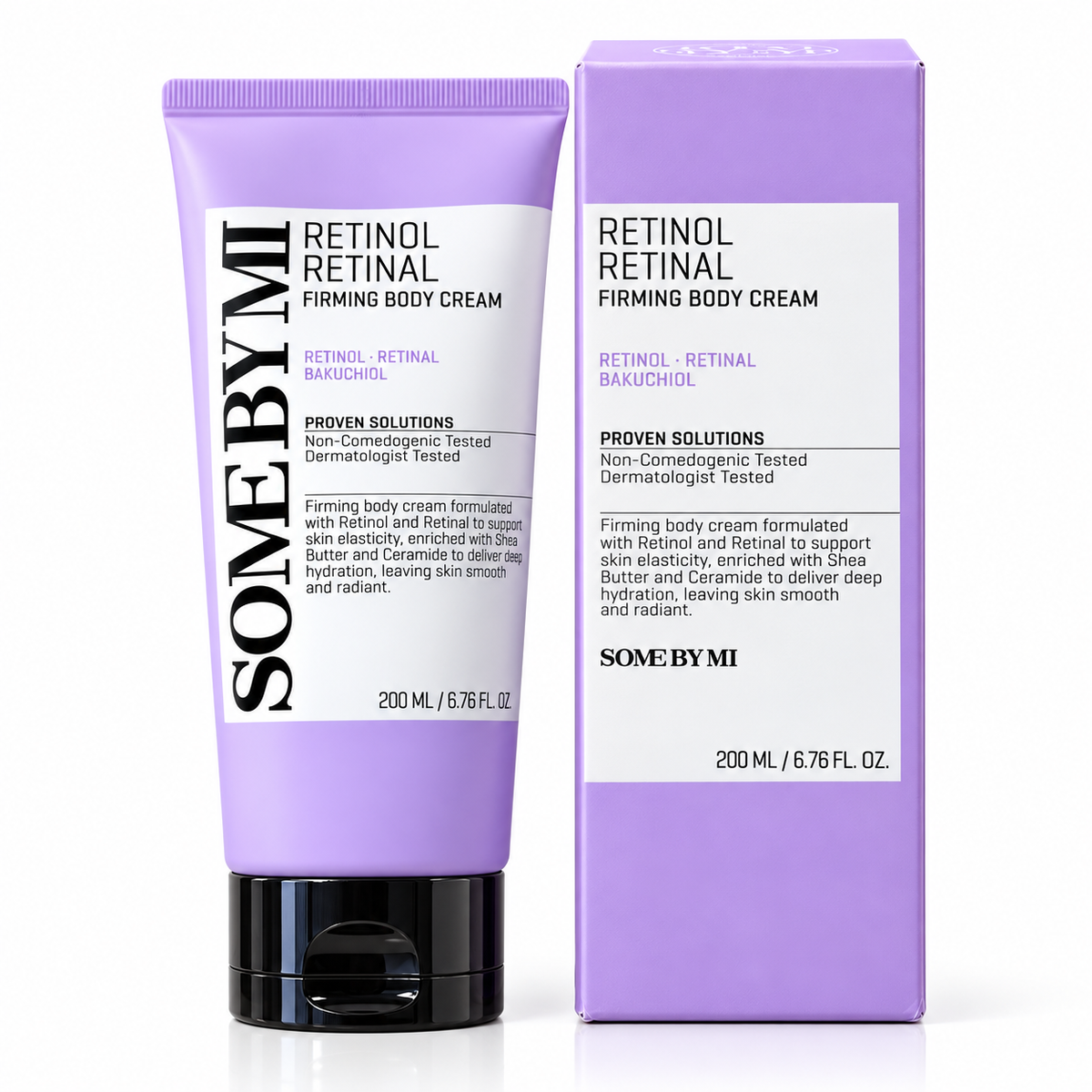 SOME BY MI Retinol Retinal Firming Body Cream 200 ml, lavender tube and matching carton on white background